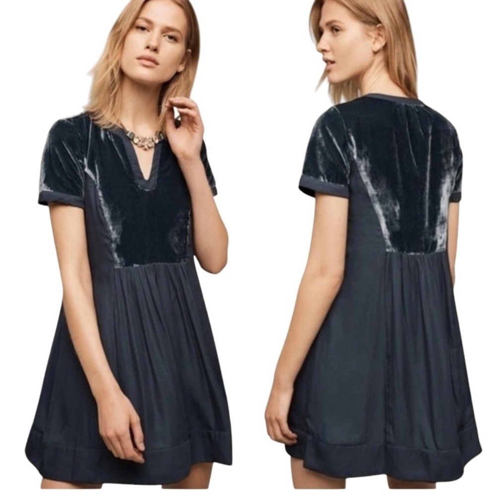 Anthropologie Maeve Ingrid velvet tunic short dress navy blue small petite